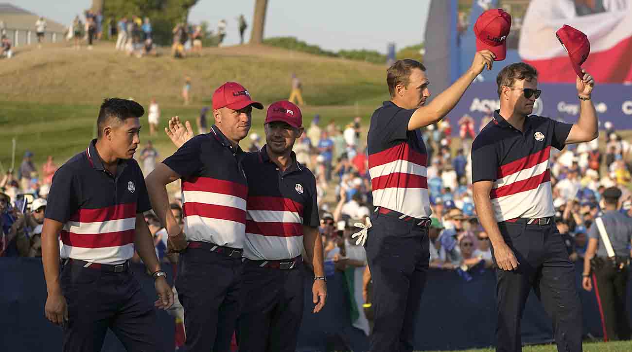 Members of the United States Ryder Cup team line up at the presentation ceremony after Europe won the Ryder Cup at the Marco Simone Golf Club in Guidonia Montecelio, Italy, Sunday, Oct. 1, 2023.